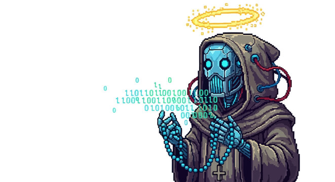 Cybernetic Monk with Digital Halo and Binary Code.