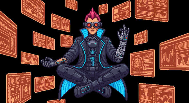 Cyberpunk character meditating surrounded by digital screens.