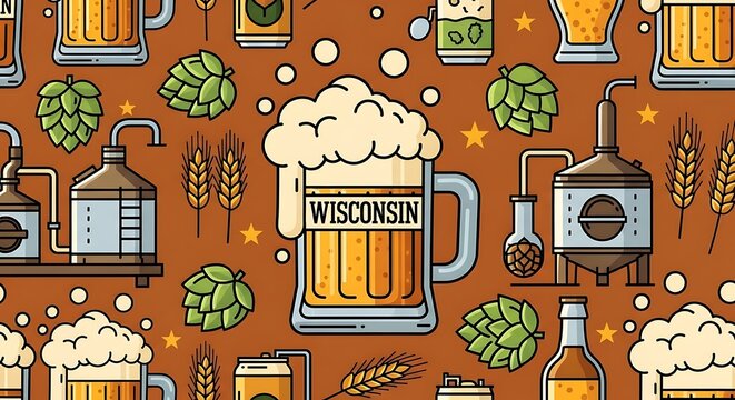 Beer illustration with hops wheat barrels seamless pattern background