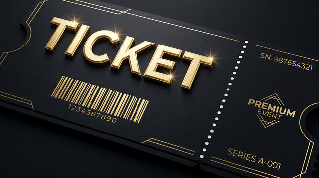 Luxurious black event ticket with 3D golden text and barcode on a textured dark background with glowing sparks