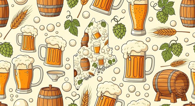 Beer mugs and barrels pattern with map element for commercial usage
