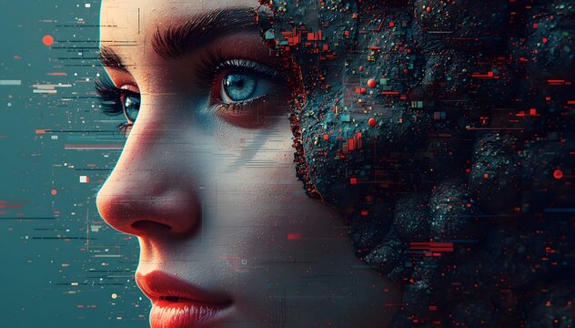 Human Half Face with Organic Pores and Digital Pixel Sorting Effect, Creative Glitch Art and System Error Concept