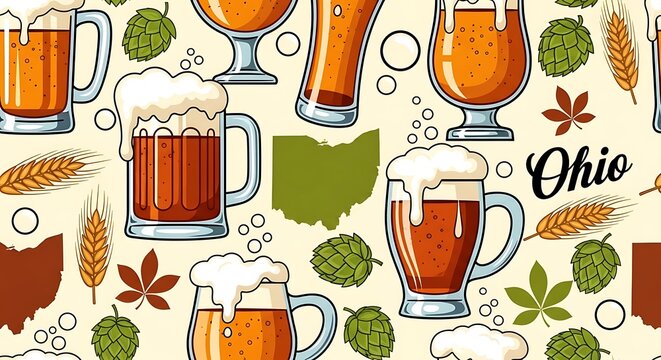 Beer mugs and elements pattern illustration for beverages and brewery concepts