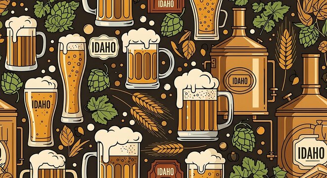 Beer mugs and brewing equipment pattern illustration for beverages promotion