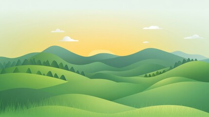 Obraz premium Rolling green hills at sunset with gentle clouds and soft light in the background
