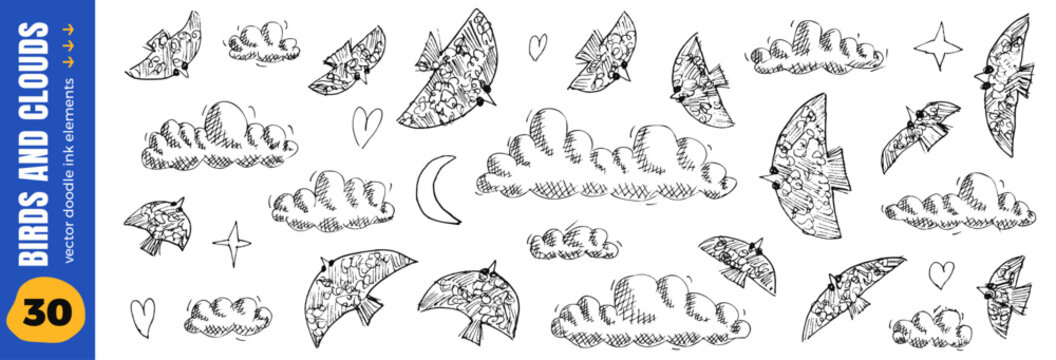 Bird with clouds set and hand drawn folk doodle with crescent moon. Naive bird and cloud in ink sketch with heart for poster print. Vector scribble dove in quirky childish pen and crayon art isolated.