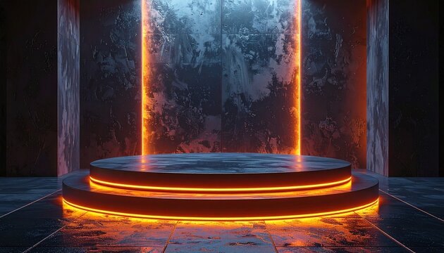 Futuristic orange glowing circular stage platform with dark background
