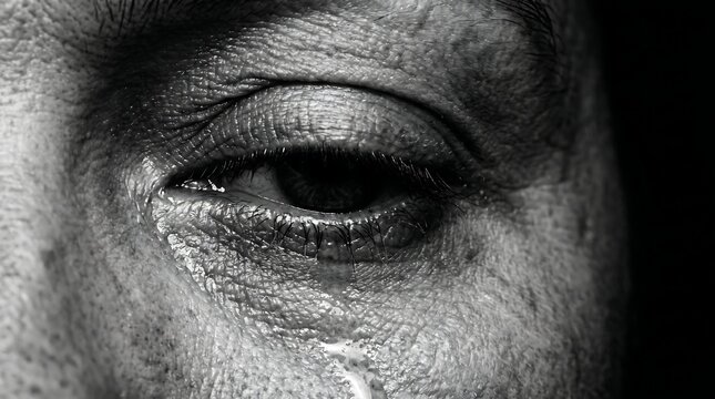 Close-up black and white portrait of a man's eye with wrinkles, showcasing detailed facial texture against a dark background.