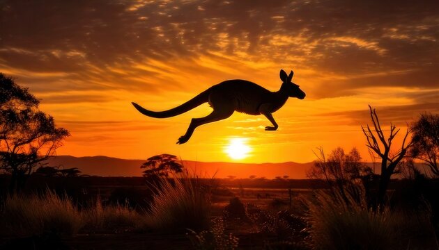 Silhouette of a kangaroo jumping against a vibrant sunset backdrop.