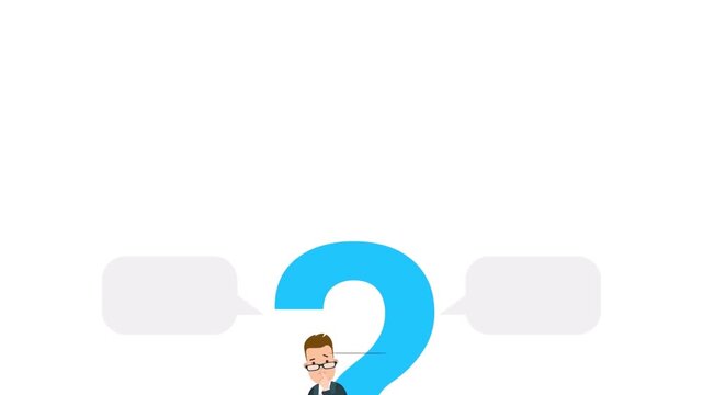 Businessman sitting on question mark symbol, confusion and decision making concept, problem solving animation scene