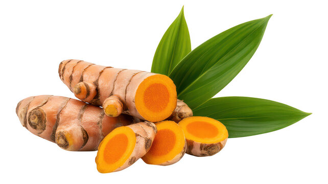Sliced turmeric rhizomes and whole roots with fresh green leaves, isolated on a white background isolated on a transparent background