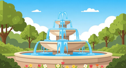 Colorful Fountain in Park with Water Cascades and Green Trees. © Abu