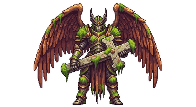 Fallen Angel Warrior Holding Mossy Cross.