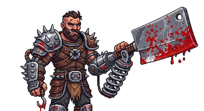 Fierce Warrior Character with Bloody Cleaver Weapon.