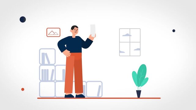 Man taking photo with smartphone at home, modern technology lifestyle, mobile photography, social media content creation animation