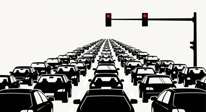 Traffic Light Signal Over a Dense Car Traffic Jam.