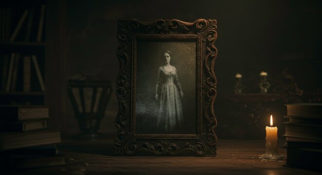 Ethereal woman in dark room.