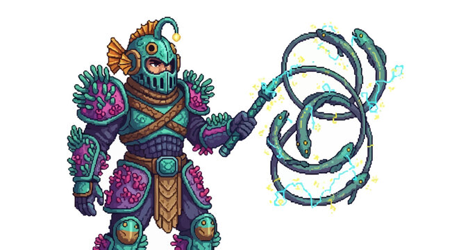 Fantasy Anglerfish Warrior Character with Tentacle Weapon.