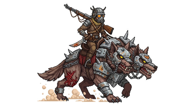 Fierce warrior riding a three-headed monstrous wolf creature.