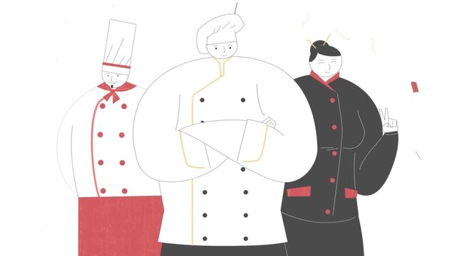 Professional chef cooking in restaurant kitchen, culinary skills, food preparation, hospitality industry animation scene
