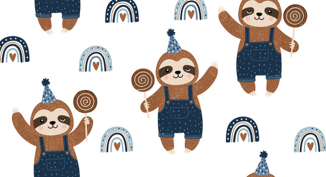 Cute sloth seamless pattern with rainbows and lollipops cartoon vector illustration for kids nursery design fabric print and playful background themes
