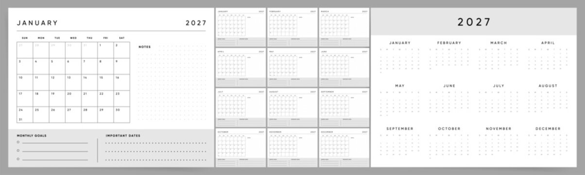 Calendar 2027 week start Sunday horizontal gray minimalist design with notes and goals template.