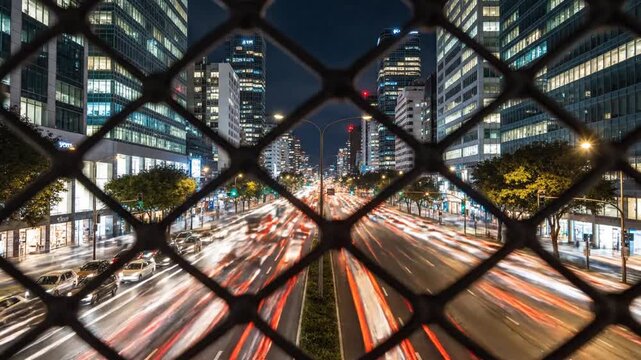 Stunning Night Time Lapse of Urban Traffic Flow Through Metal Fence in Las Condes District Santiago Chile During Busy Evening Rush Hour Long Exposure Light Trails 4K Video