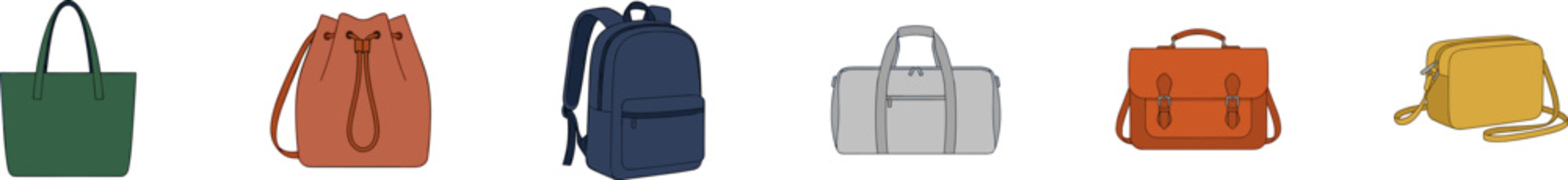 Set of flat vector icons featuring various bags and travel luggage.