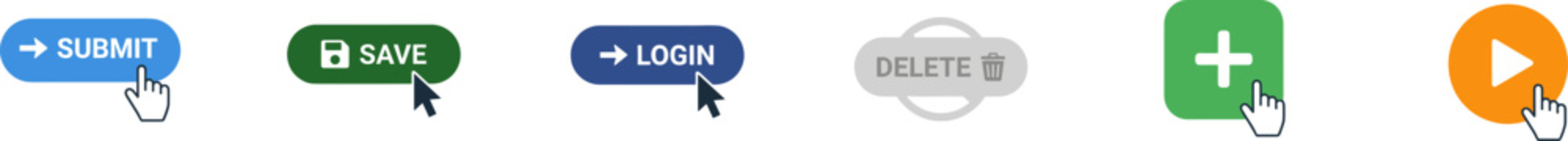 Set of colorful rounded web interface buttons for common user actions.