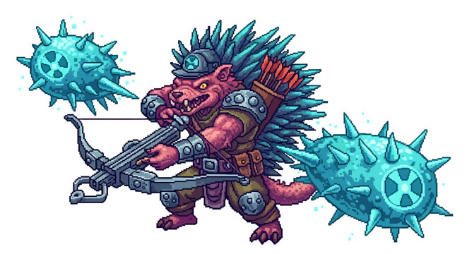 Fantasy creature warrior with crossbow and spiked projectiles.