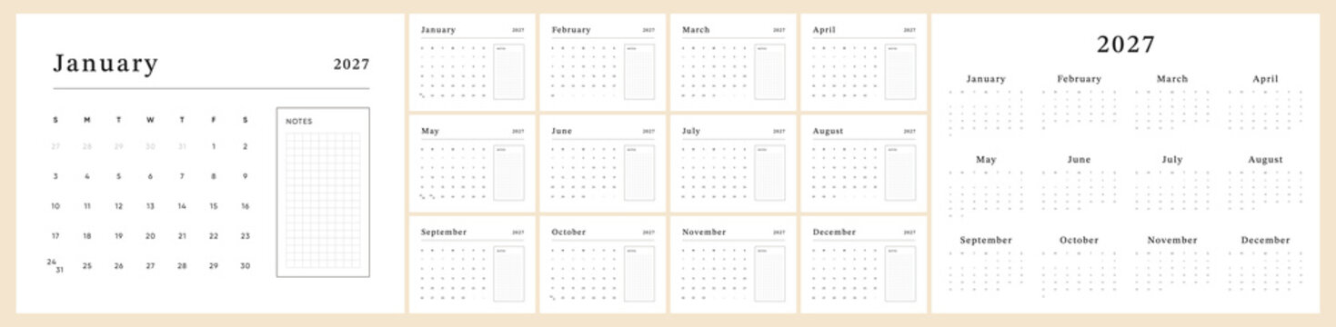 2027 Calendar Template Design with Sunday Start, Cream Minimal Monthly Planner, Grid Notes Office Vector Calendar