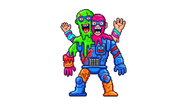 Grotesque Two-Headed Monster Robot Character.