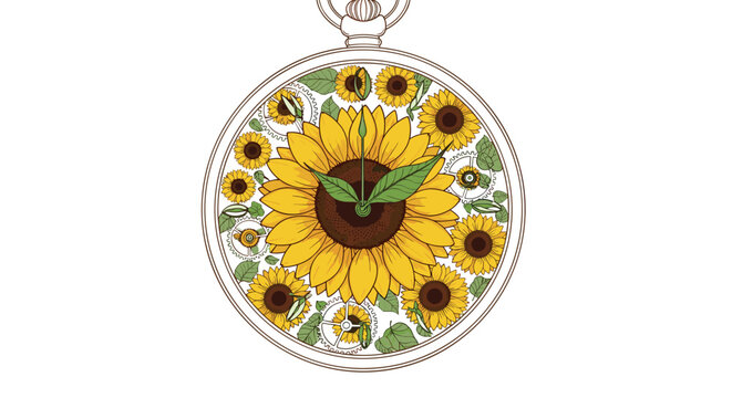 An intricate pocket watch face filled with blooming yellow sunflowers and mechanical gears in a soft earth toned illustration set against a clean white background.