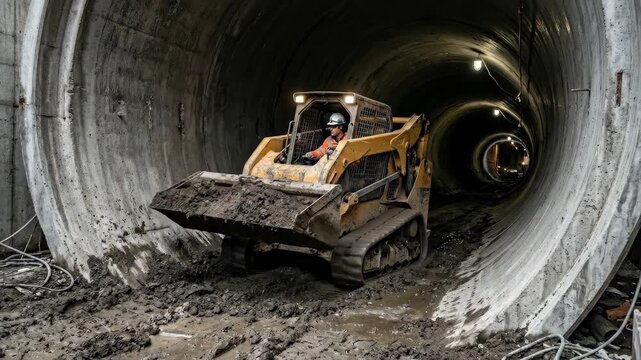 Heavy equipment loader moving dirt inside concrete pipe, heavy construction machinery scene, active construction work, realistic materials and scale, balanced composition, natural light, crisp focus,