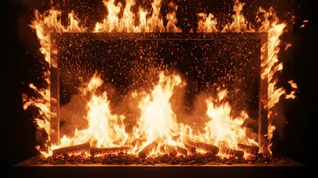 Fire burning in a rectangular frame emphasizing modern aesthetics and minimalist design