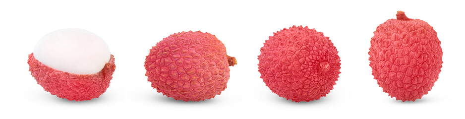 isolated lychees fruit berry set. Whole juicy lychee and peeled half of pink lychee isolated collection. © Oleh