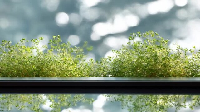 Small green plants grow in a planter with a blurred background