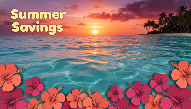 Vibrant tropical sunset over the ocean with palm trees and hibiscus flowers, symbolizing summer vacation and travel deals