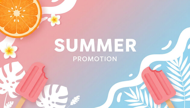 Vibrant summer promotion graphic featuring a sliced orange, ice pops, and tropical leaves on a pink and blue gradient, symbolizing refreshment and seasonal sales