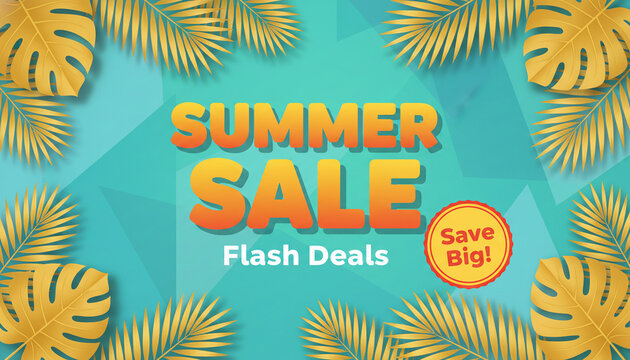 Bold "Summer Sale" text with "Flash Deals" and "Save Big" badge, framed by golden palm leaves, symbolizing a tropical shopping event and hot discounts