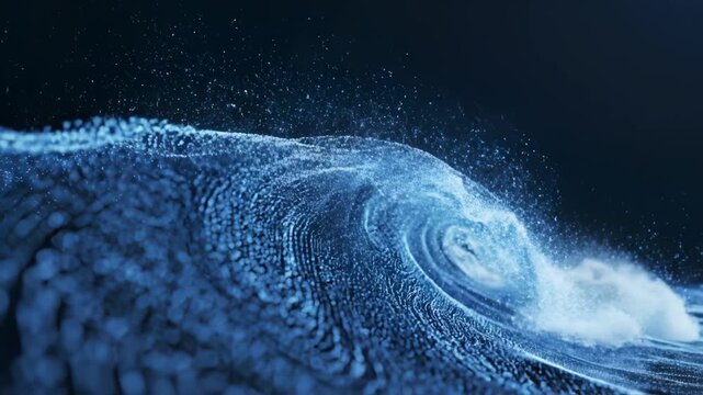 Blue ocean wave with particle effect highlighting geometric patterns and contemporary art