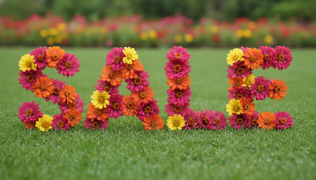 The word "SALE" spelled out in colorful flowers on a green lawn, representing a seasonal promotion or discount in a natural setting