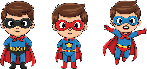 Cute superhero boy characters in different poses with masks and capes in cartoon vector style for kids illustration, comic design, and heroic mascot collection © MdNazmul