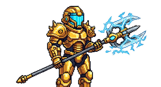 Golden Warrior with Electric Axe Pixel Art.