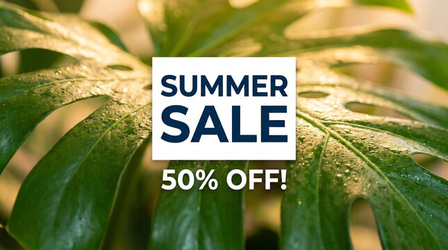Close-up of wet green leaf with "Summer Sale 50% OFF" text overlay, representing seasonal promotion and discount.