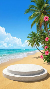 A marble podium on a sandy beach with palm trees and pink hibiscus flowers, representing tropical vacation, resort, or product showcase.