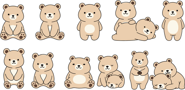 Cute teddy bear characters collection with different poses and emotions cartoon vector illustration for kids nursery design stickers and playful toy themes