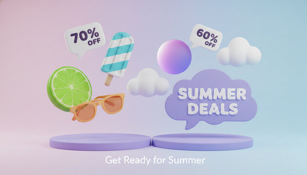 3D render of summer sale elements, including lime, popsicle, sunglasses, and discount speech bubbles on podiums, symbolizing summer deals and promotions.
