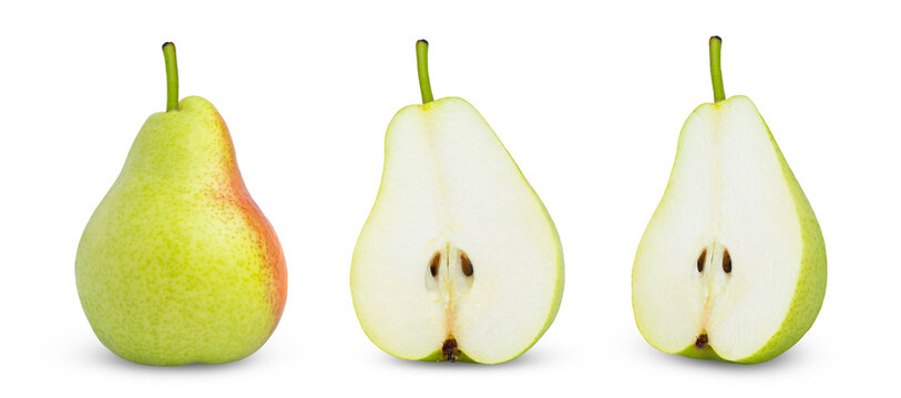 Isolated green pear and halves fruits. Collection of green pear and half of pear isolated on white background.