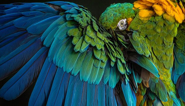 An extreme close-up of a parrot with its vibrant feathers and one wing spread wide. Soft lighting highlights the intricate textures of its plumage against a dark background.